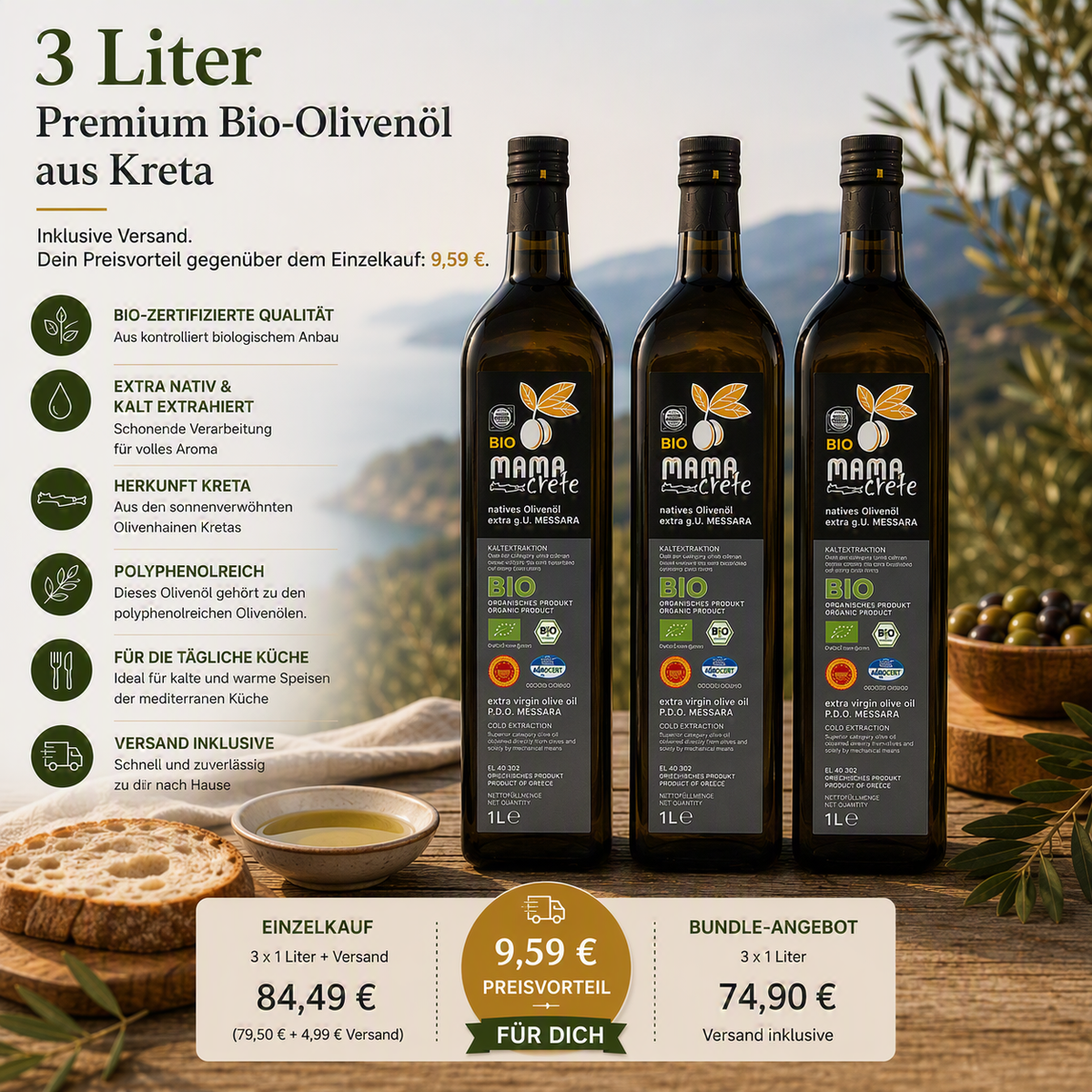 3 Liter Premium Bio-Olivenöl aus Kreta – Vorteilspaket inklusive Versand